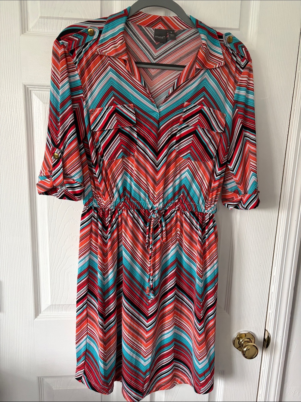 Muse Chevron-Stripe Drawstring Midi Dress - Coral, Teal & Black